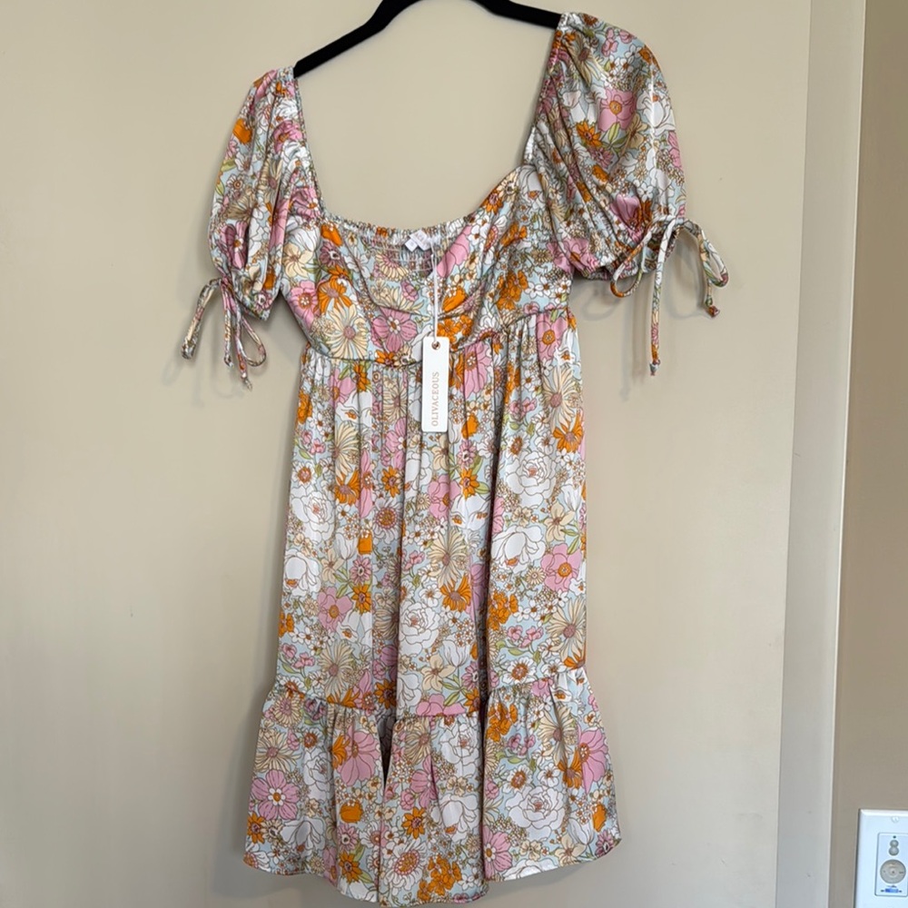 olivaceous Floral Mini Dress with Puff Sleeves